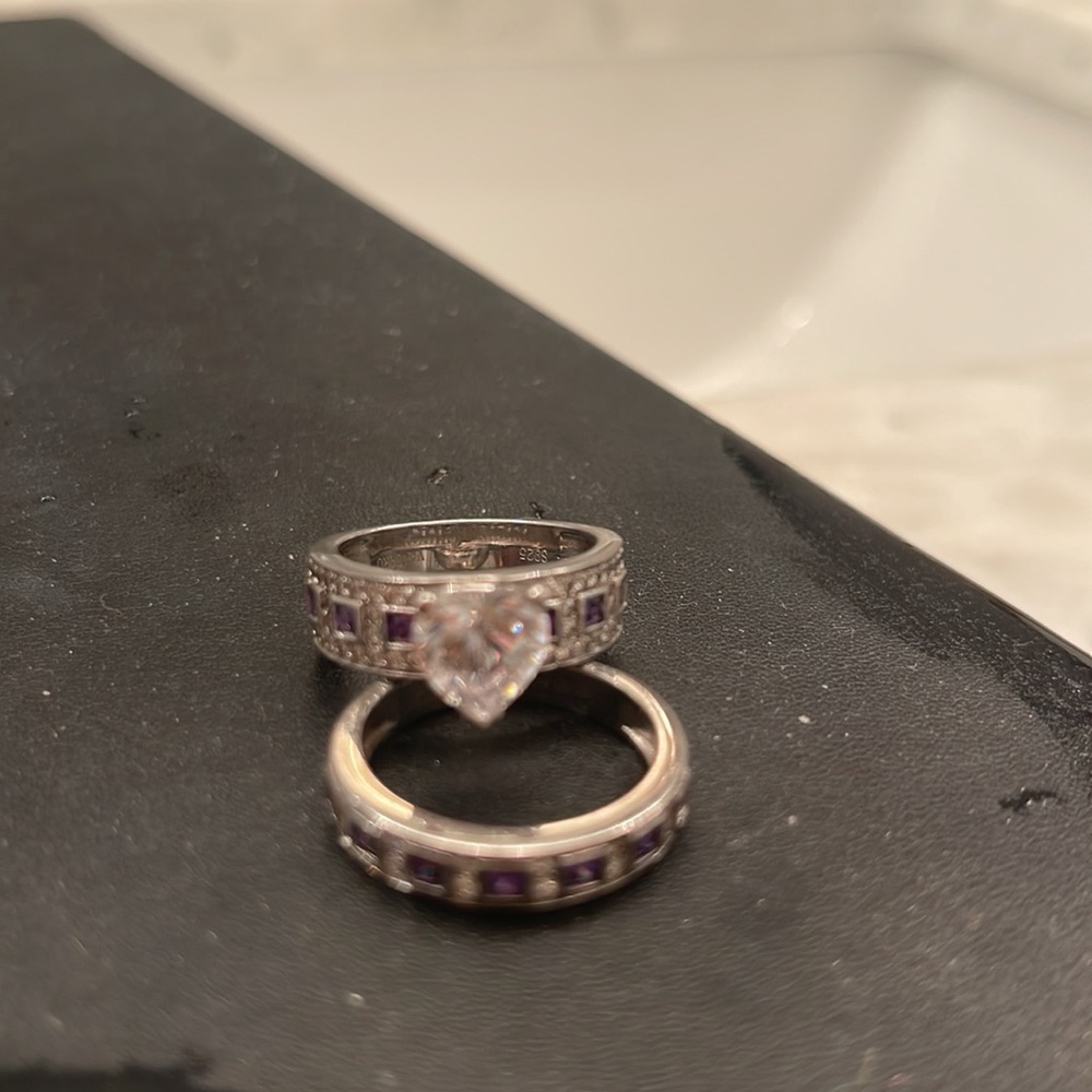 Silver and amethyst wedding ring set